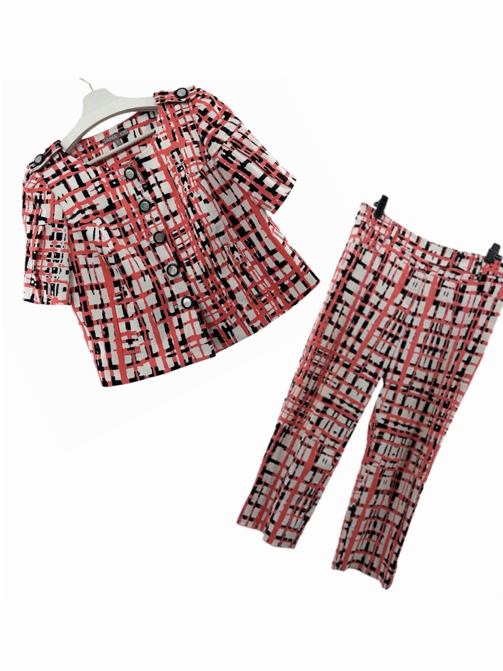 Jana Kos Women's 2 Piece Cropped Blazer Jacket/Pants Geometric Vibrant Suit Set